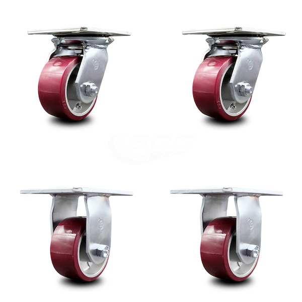 4 Inch Poly on Aluminum Caster Set with Ball Bearings 2 Swivel 2 Rigid SCC
